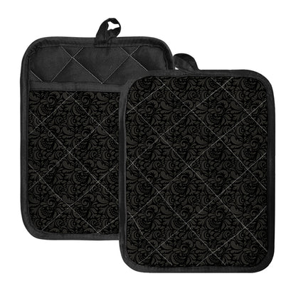 Black And Grey Western Floral Print Pot Holders With Pocket
