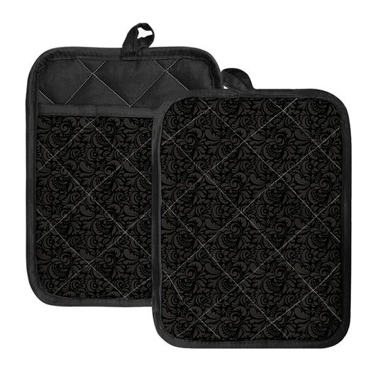 Black And Grey Western Floral Print Pot Holders With Pocket