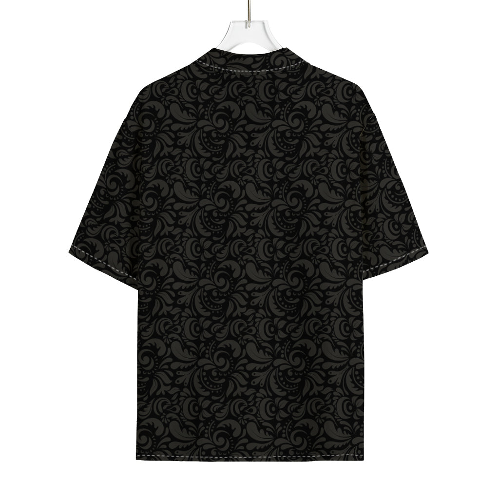 Black And Grey Western Floral Print Rayon Hawaiian Shirt