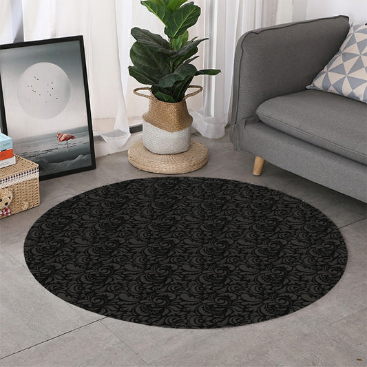 Black And Grey Western Floral Print Round Rug