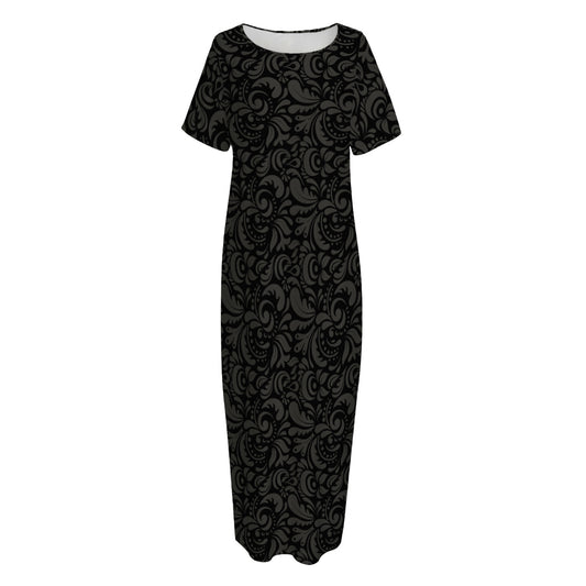 Black And Grey Western Floral Print Short Sleeve Long Nightdress