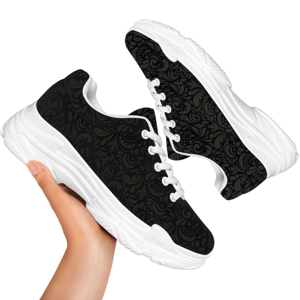 Black And Grey Western Floral Print White Chunky Shoes