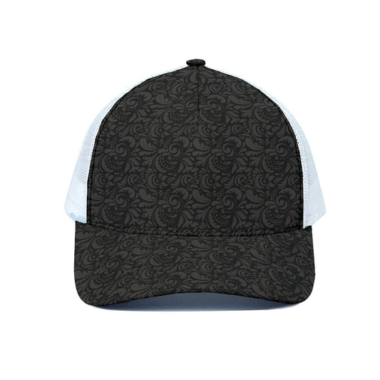 Black And Grey Western Floral Print White Mesh Trucker Cap