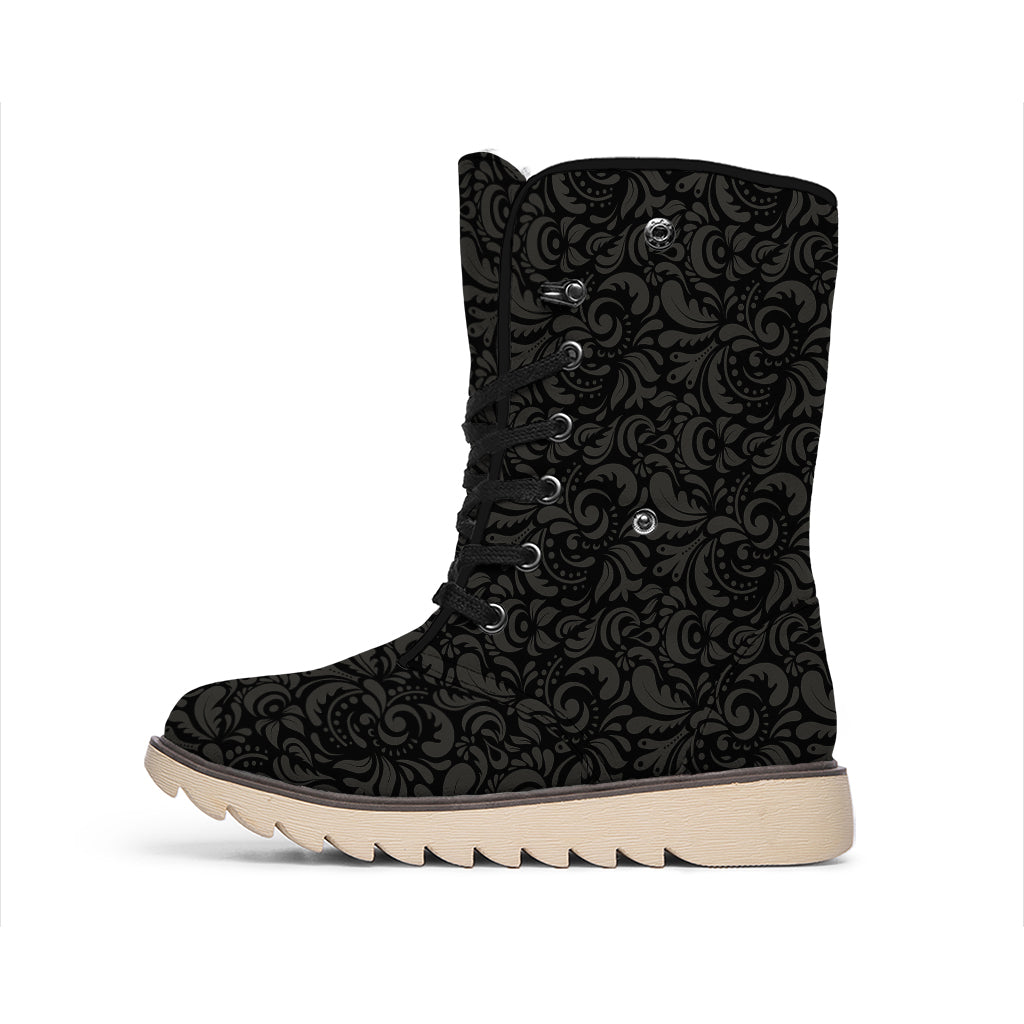 Black And Grey Western Floral Print Winter Boots