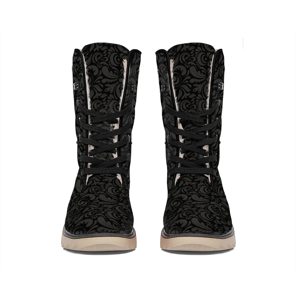Black And Grey Western Floral Print Winter Boots