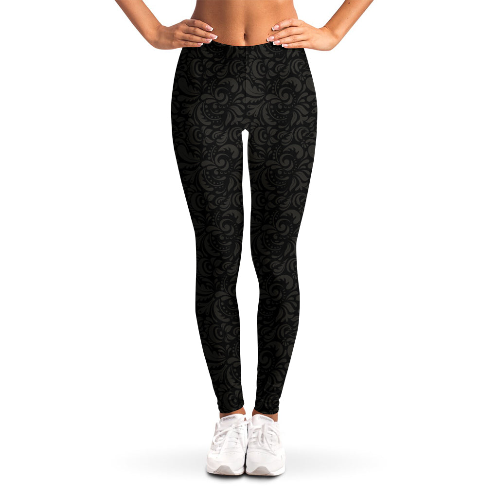 Black And Grey Western Floral Print Women's Leggings