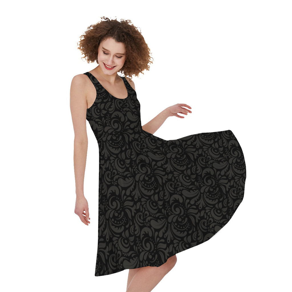 Black And Grey Western Floral Print Women's Sleeveless Dress