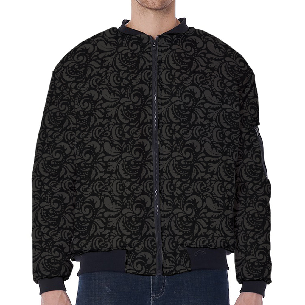 Black And Grey Western Floral Print Zip Sleeve Bomber Jacket