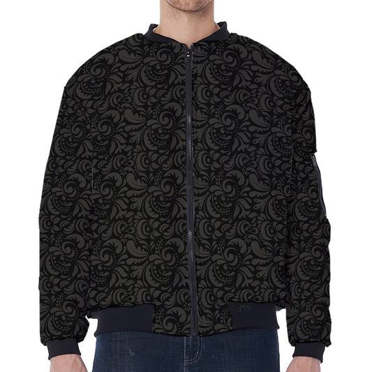 Black And Grey Western Floral Print Zip Sleeve Bomber Jacket
