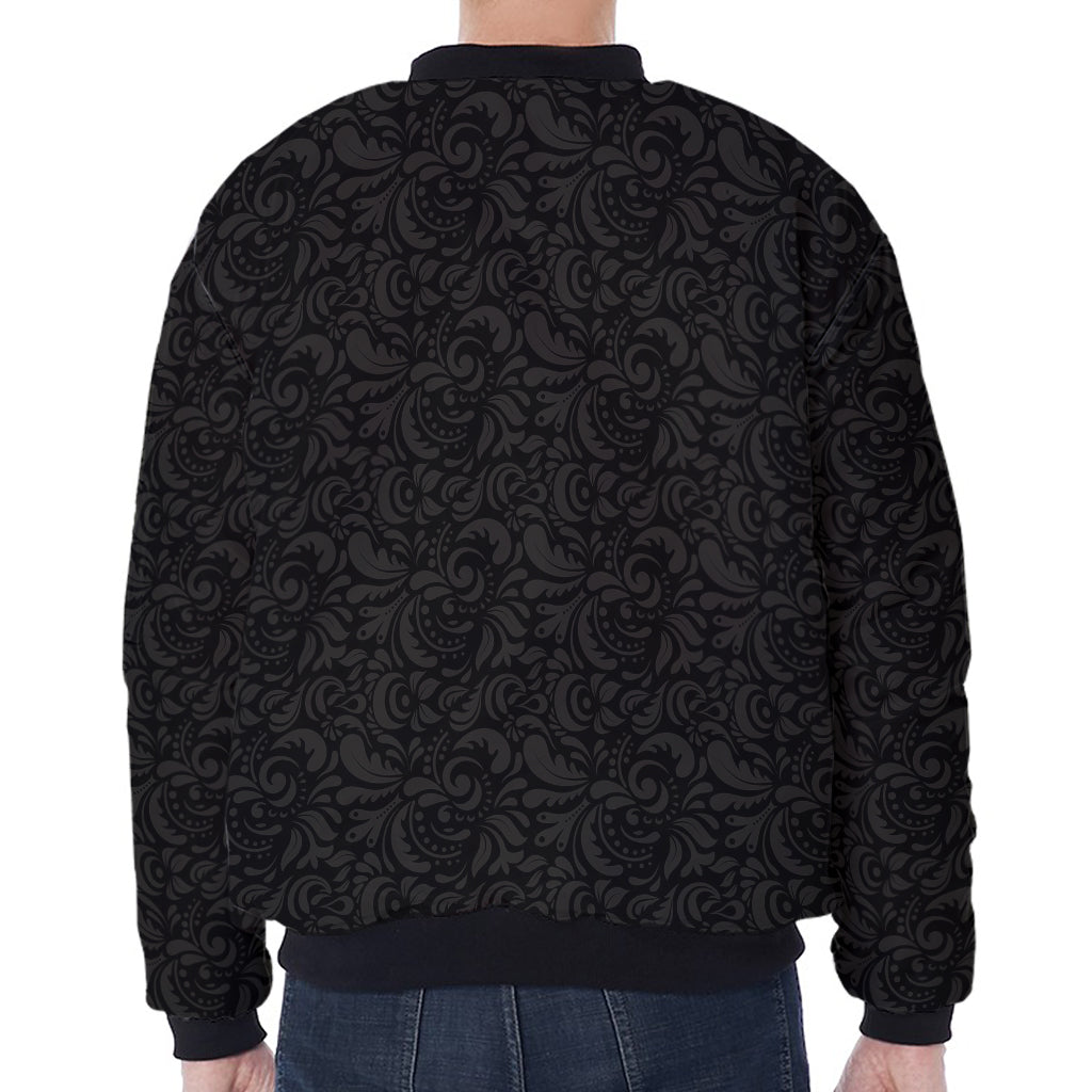 Black And Grey Western Floral Print Zip Sleeve Bomber Jacket