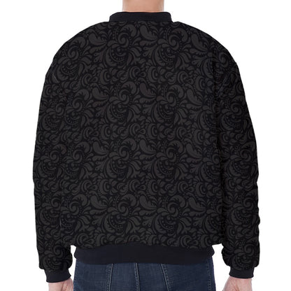 Black And Grey Western Floral Print Zip Sleeve Bomber Jacket