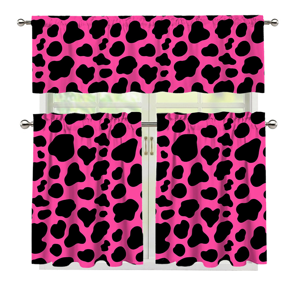 Black And Hot Pink Cow Print 3 Piece Kitchen Curtains