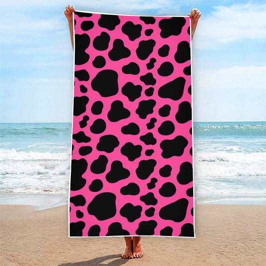 Black And Hot Pink Cow Print Beach Towel