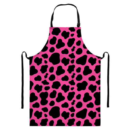 Black And Hot Pink Cow Print Bib Apron With Pocket