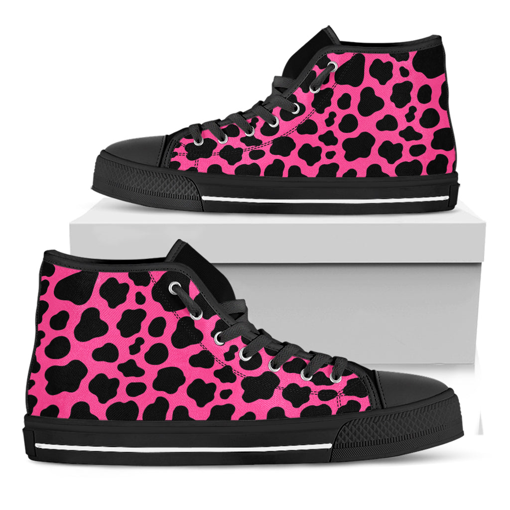 Black And Hot Pink Cow Print Black High Top Sneakers