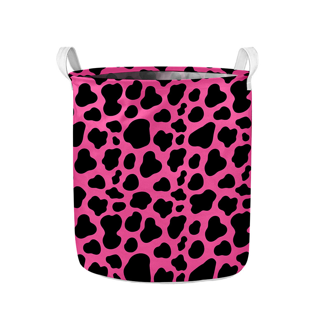 Black And Hot Pink Cow Print Collapsible Laundry Basket