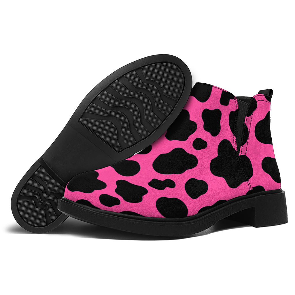 Black And Hot Pink Cow Print Flat Ankle Boots