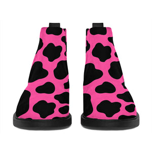 Black And Hot Pink Cow Print Flat Ankle Boots