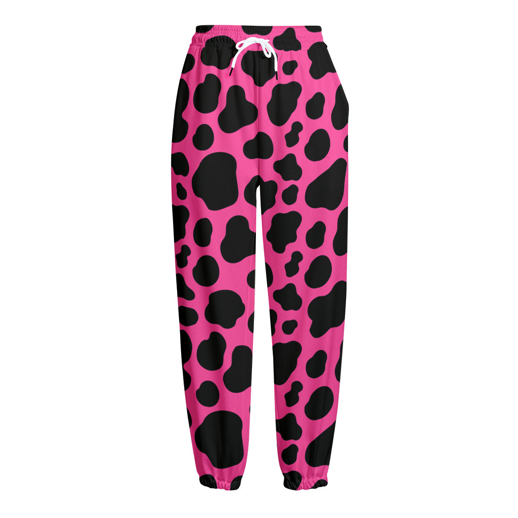 Black And Hot Pink Cow Print Fleece Lined Knit Pants