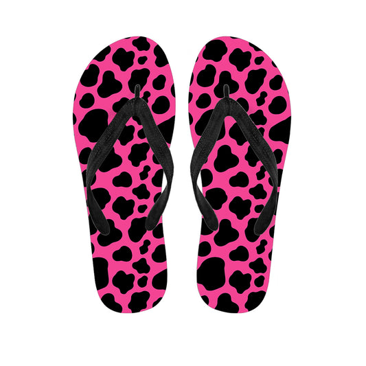 Black And Hot Pink Cow Print Flip Flops