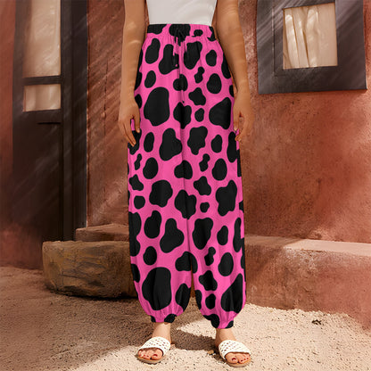 Black And Hot Pink Cow Print Harem Pants