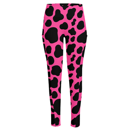 Black And Hot Pink Cow Print High-Waisted Pocket Leggings