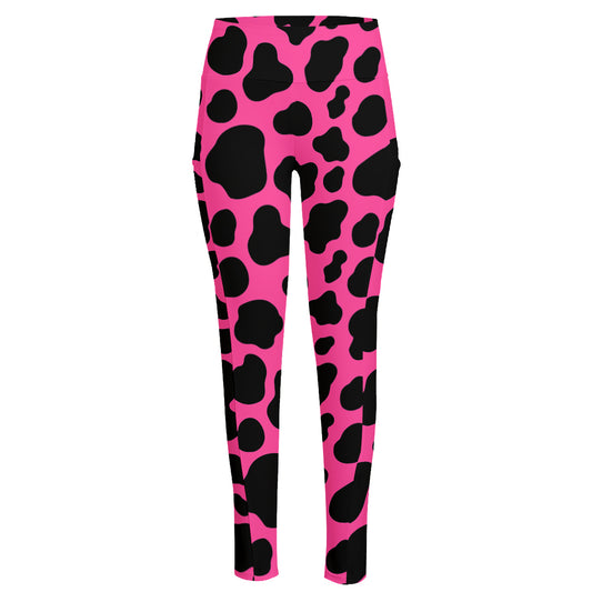 Black And Hot Pink Cow Print High-Waisted Pocket Leggings