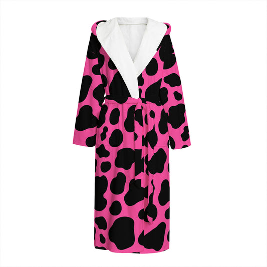 Black And Hot Pink Cow Print Hooded Bathrobe