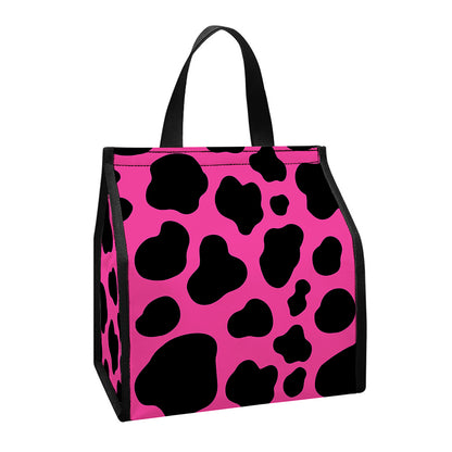 Black And Hot Pink Cow Print Insulated Lunch Tote