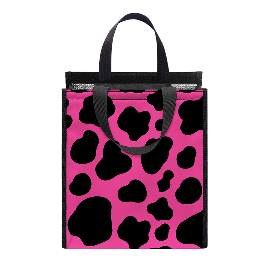 Black And Hot Pink Cow Print Insulated Lunch Tote