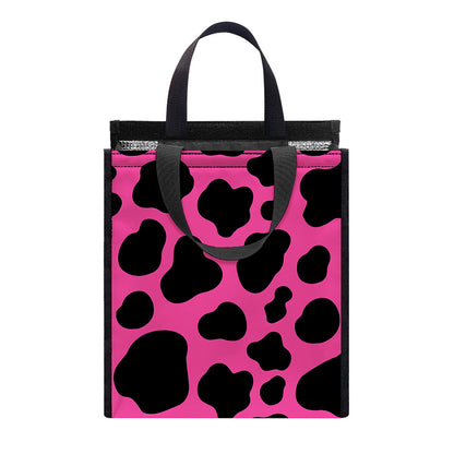 Black And Hot Pink Cow Print Insulated Lunch Tote