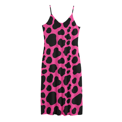 Black And Hot Pink Cow Print Jersey Midi Cami Dress