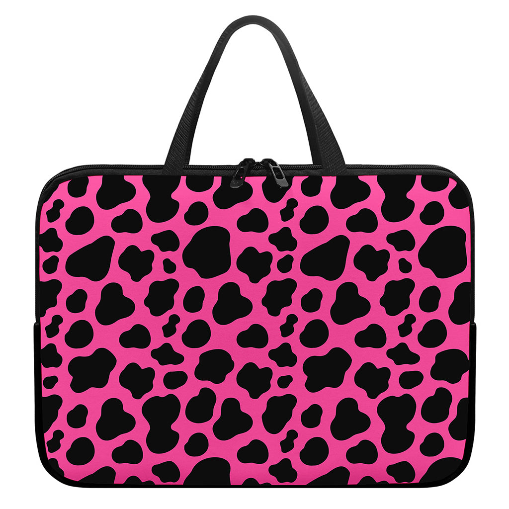 Black And Hot Pink Cow Print Laptop Sleeve With Handle