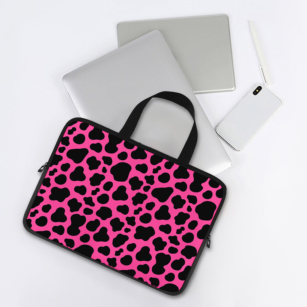 Black And Hot Pink Cow Print Laptop Sleeve With Handle