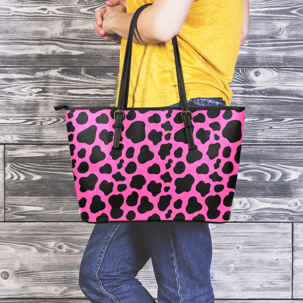 Black And Hot Pink Cow Print Leather Tote Bag