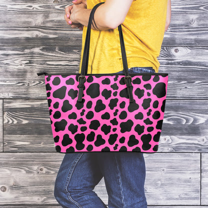 Black And Hot Pink Cow Print Leather Tote Bag