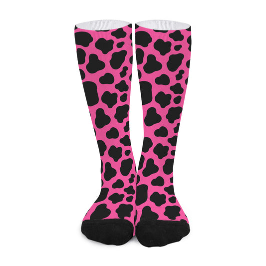 Black And Hot Pink Cow Print Long Socks