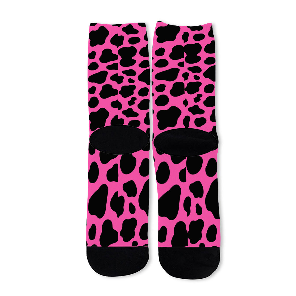 Black And Hot Pink Cow Print Long Socks
