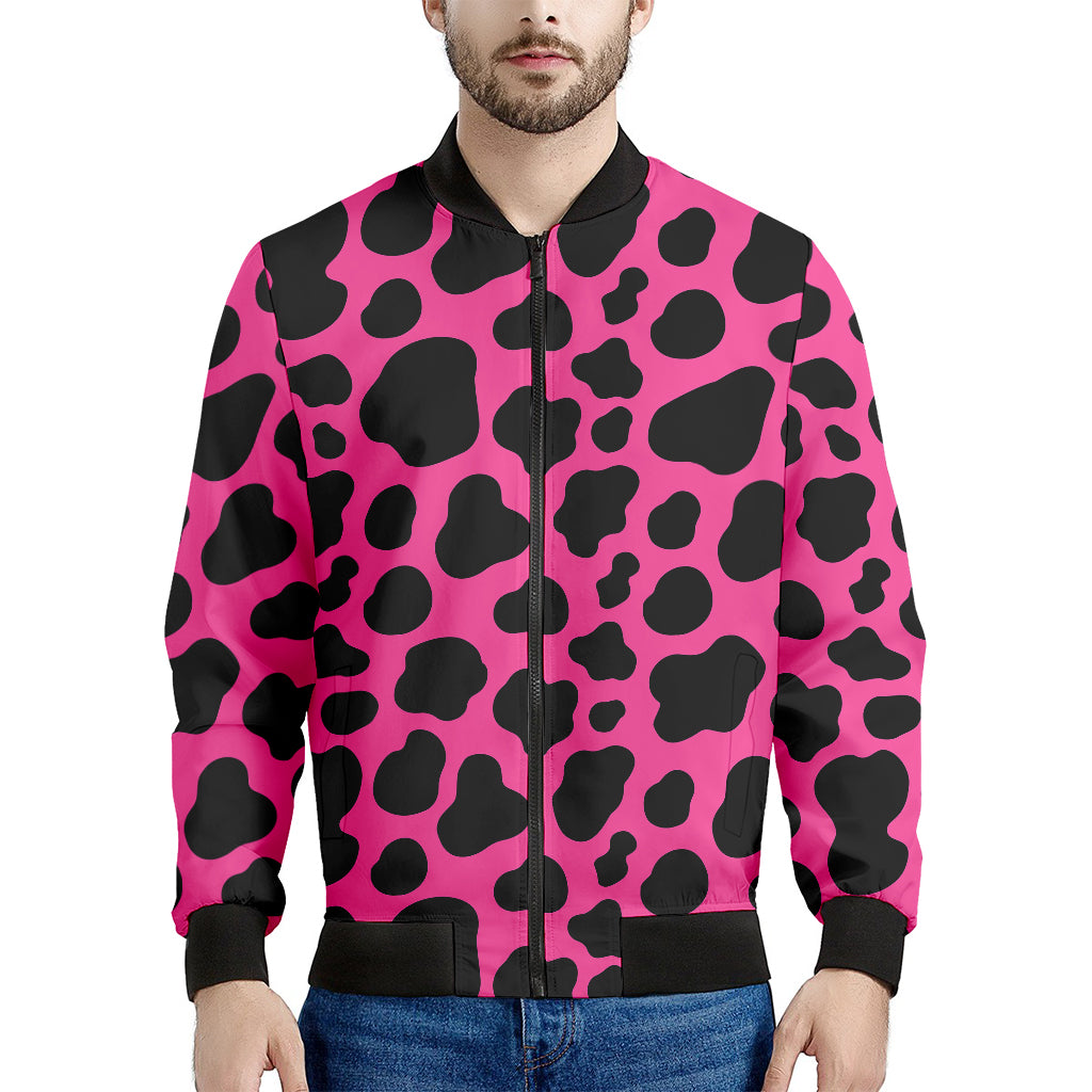 Black And Hot Pink Cow Print Men's Bomber Jacket
