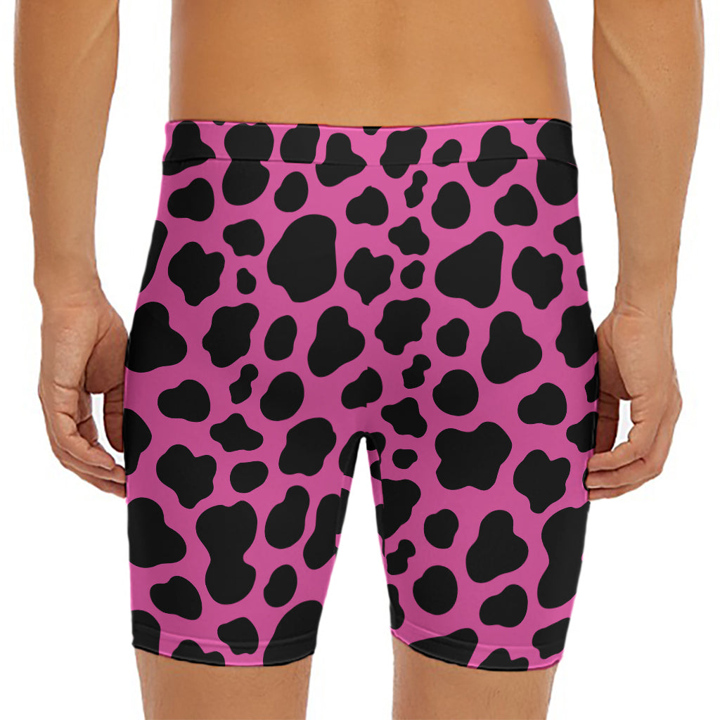Black And Hot Pink Cow Print Men's Long Boxer Briefs