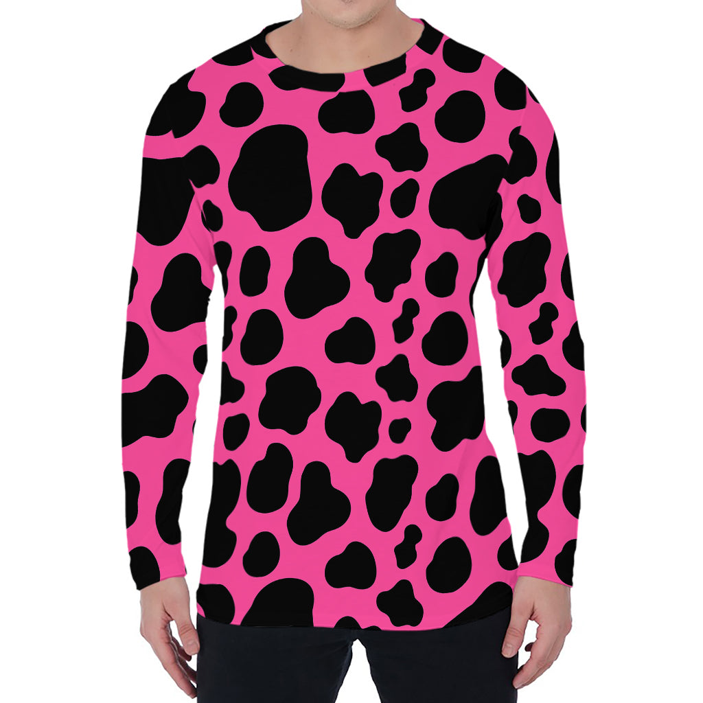 Black And Hot Pink Cow Print Men's Long Sleeve T-Shirt