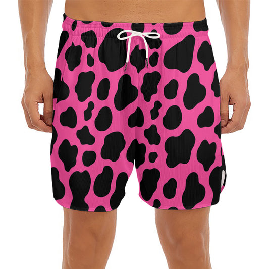 Black And Hot Pink Cow Print Men's Split Running Shorts