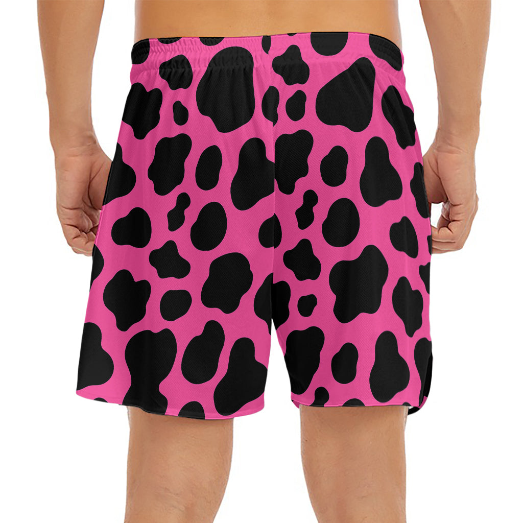 Black And Hot Pink Cow Print Men's Split Running Shorts