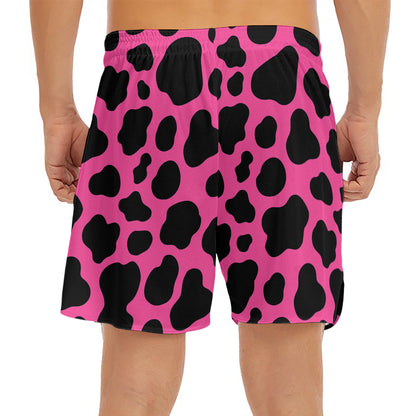 Black And Hot Pink Cow Print Men's Split Running Shorts