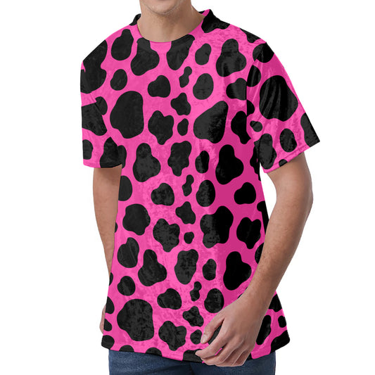 Black And Hot Pink Cow Print Men's Velvet T-Shirt