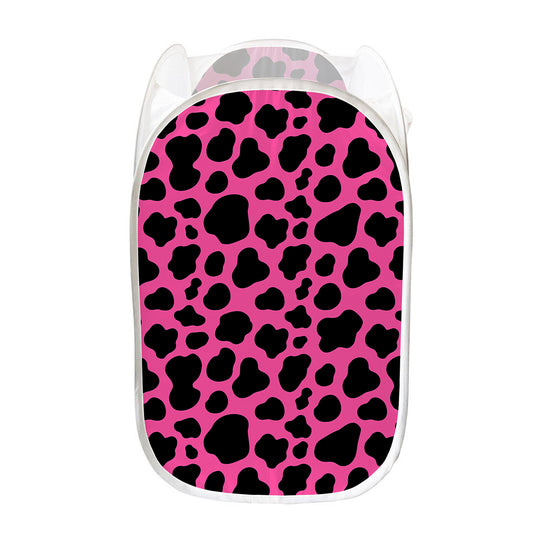 Black And Hot Pink Cow Print Mesh Laundry Hamper