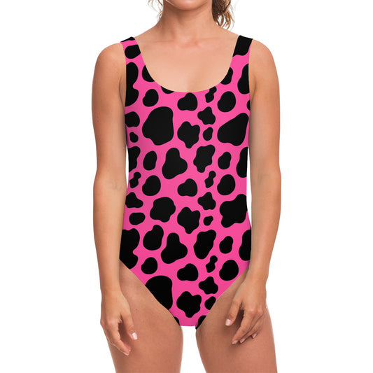 Black And Hot Pink Cow Print One Piece Swimsuit