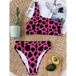 Black And Hot Pink Cow Print One Shoulder Bikini Top