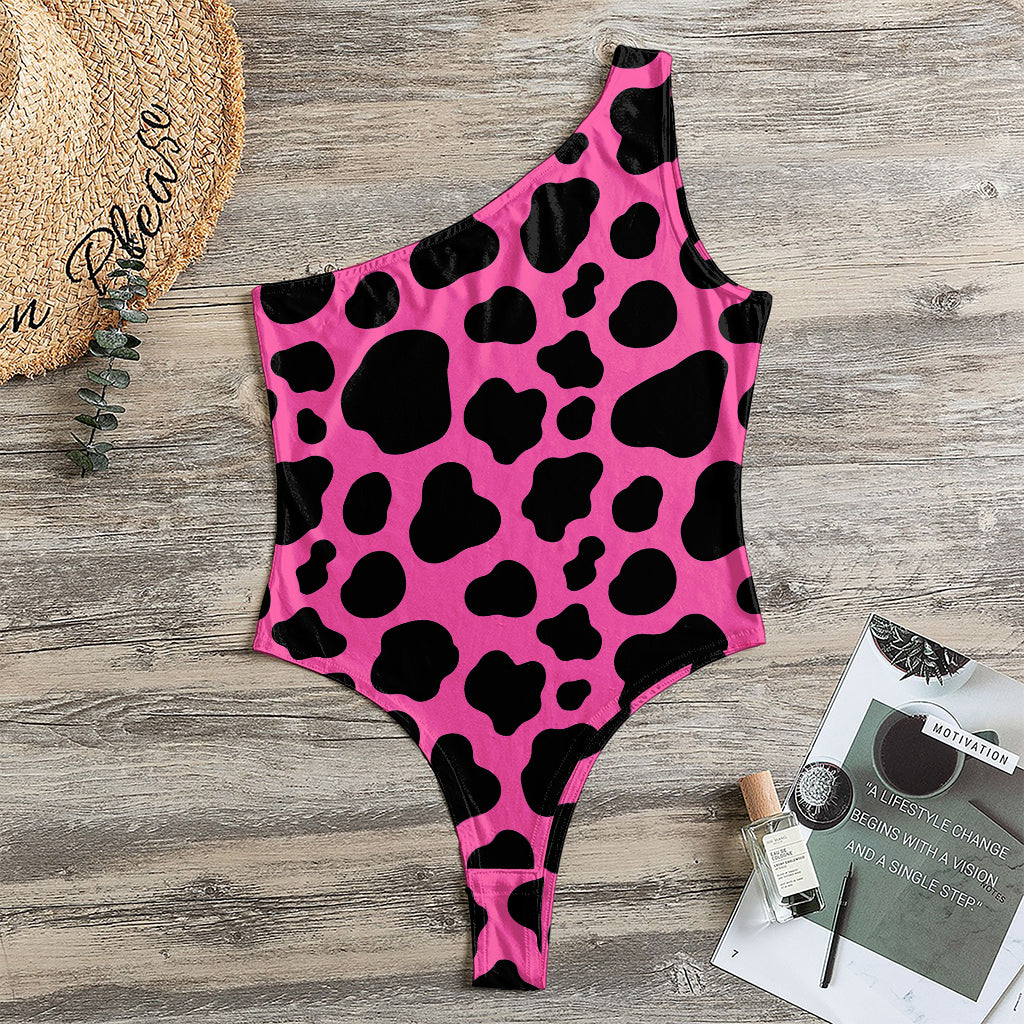 Black And Hot Pink Cow Print One Shoulder Bodysuit