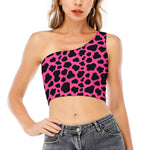 Black And Hot Pink Cow Print One Shoulder Crop Top
